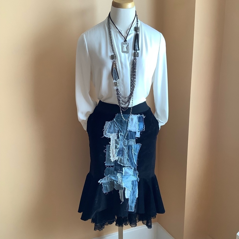 LOVEMATTERS Matthew Donnelly Patchwork Denim Corduroy Trumpet Skirt XS Black